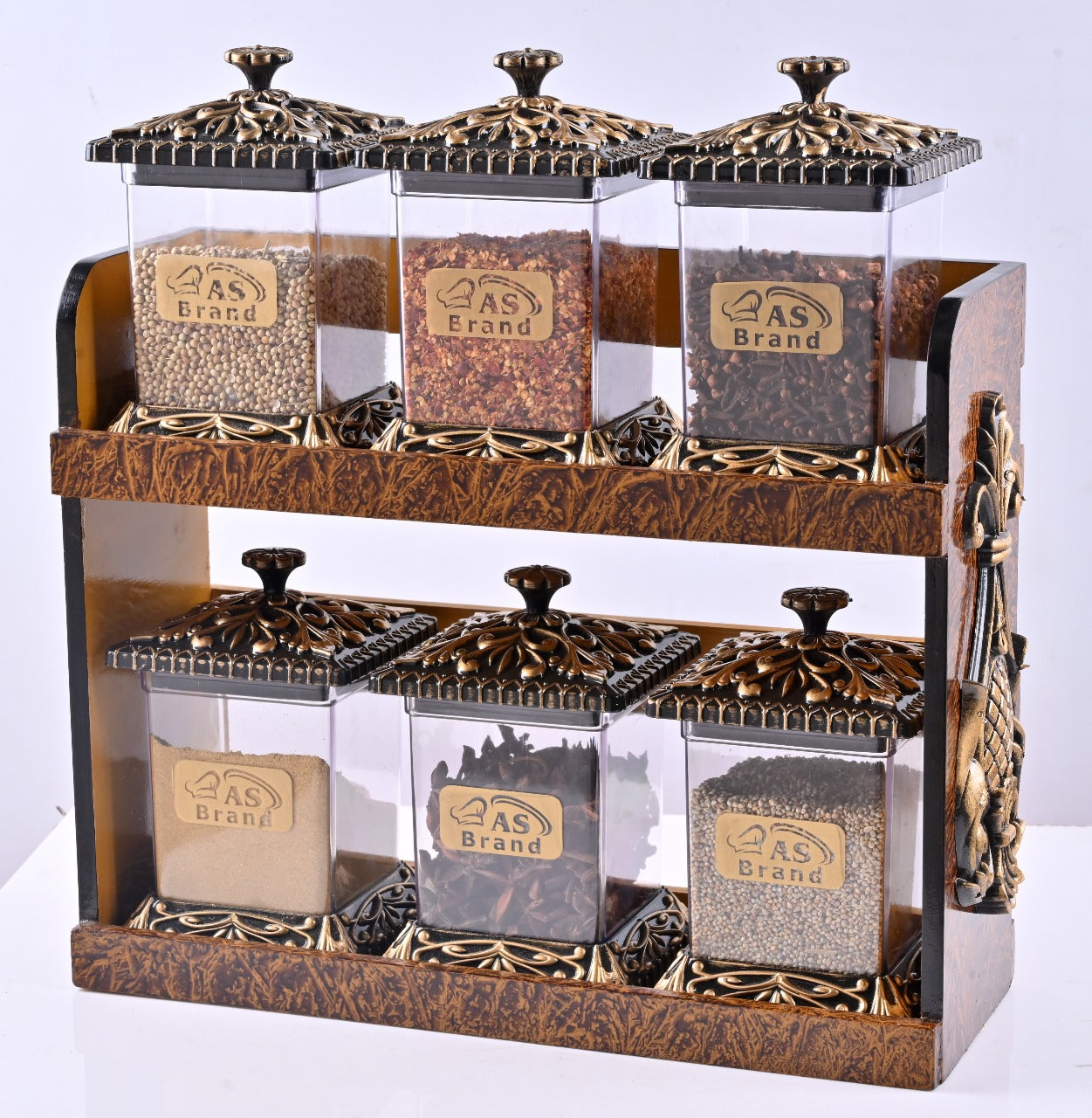6-Piece Crystal Spice Jar Set with Brown Decorative Rack – Airtight Masala Box | Kitchen Storage Containers with Antique Gold & Black Design | HS Emporium |