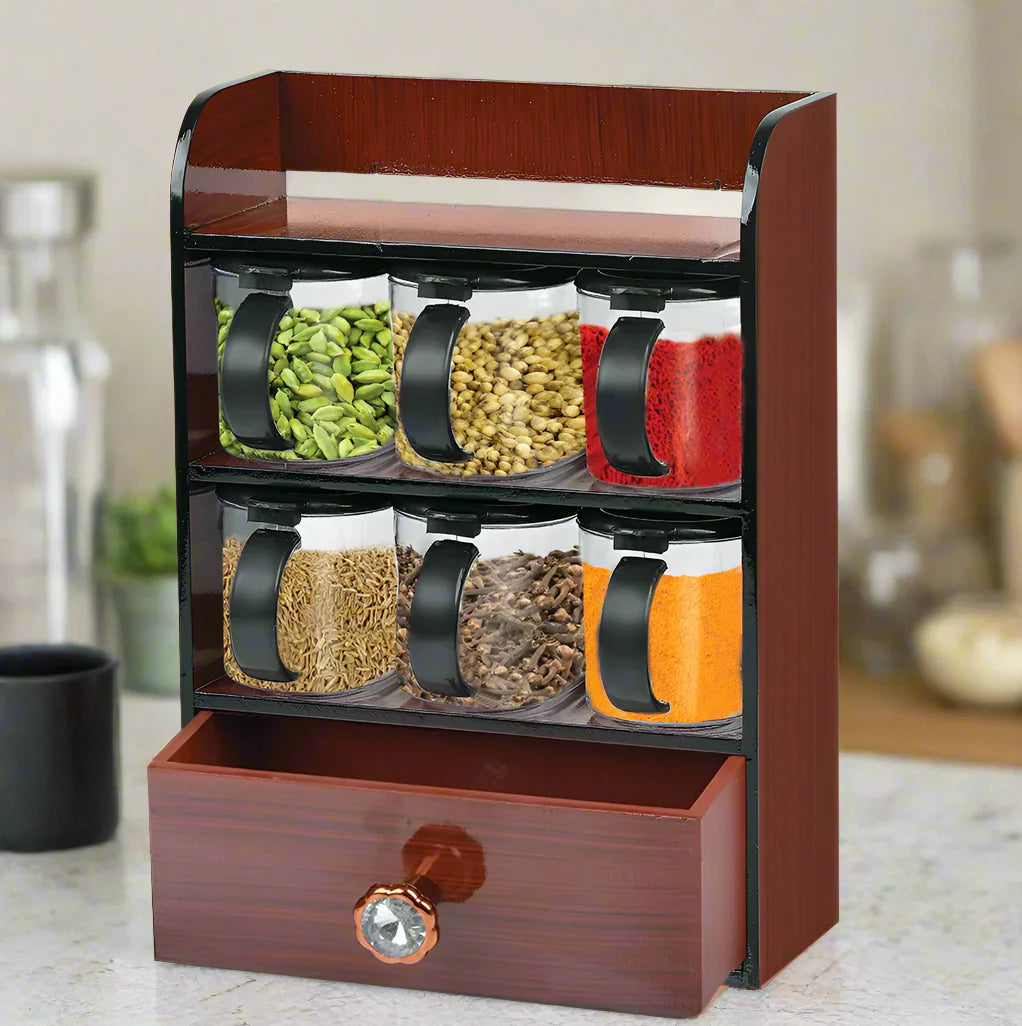 Wooden Spice Rack with 6 Crystal Plastic Jars and 1 Storage Boxe