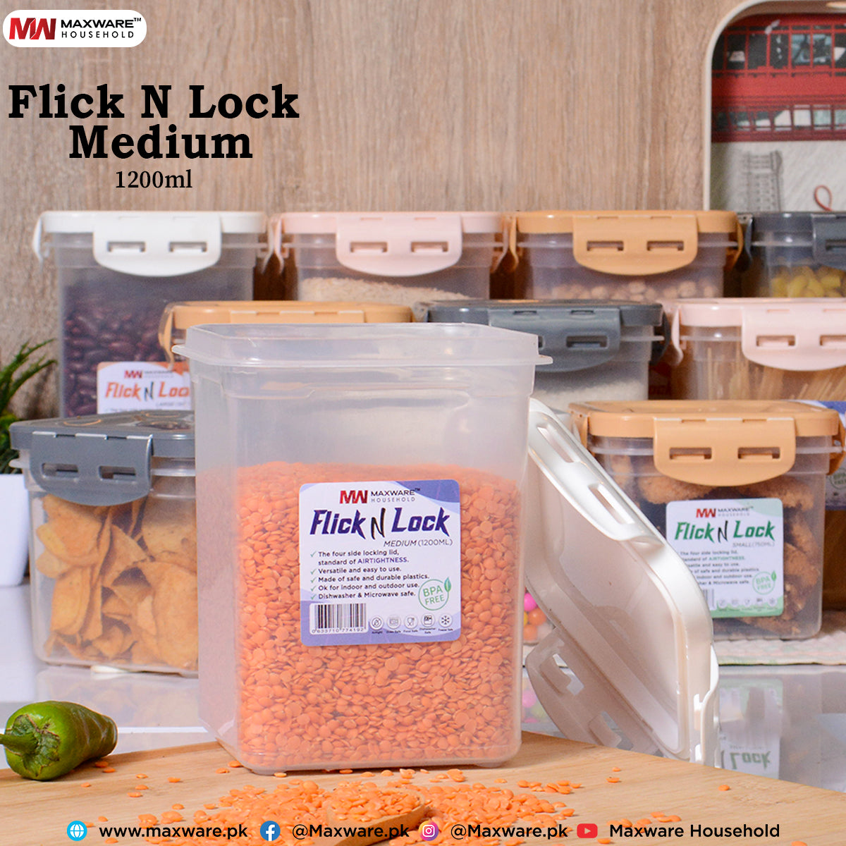 Airtight Food Storage Container | BPA Free Kitchen Storage Box | 4 Side Lock Dry Fruit & Grain Container | Leakproof Plastic Food Keeper