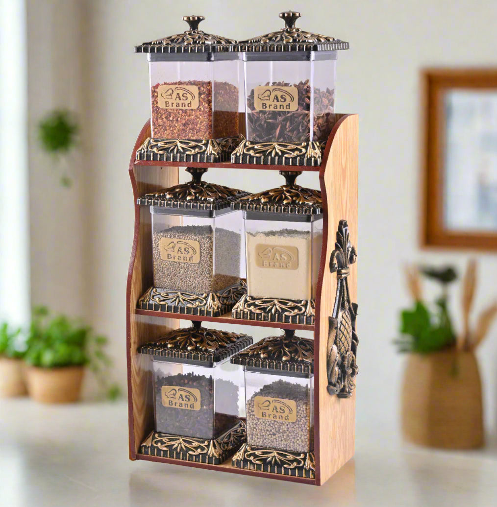 6-Piece Crystal Spice Jar Set with Decorative Wooden Rack – Airtight Masala Box | Kitchen Storage Containers with Antique Gold Design | HS Emporium |