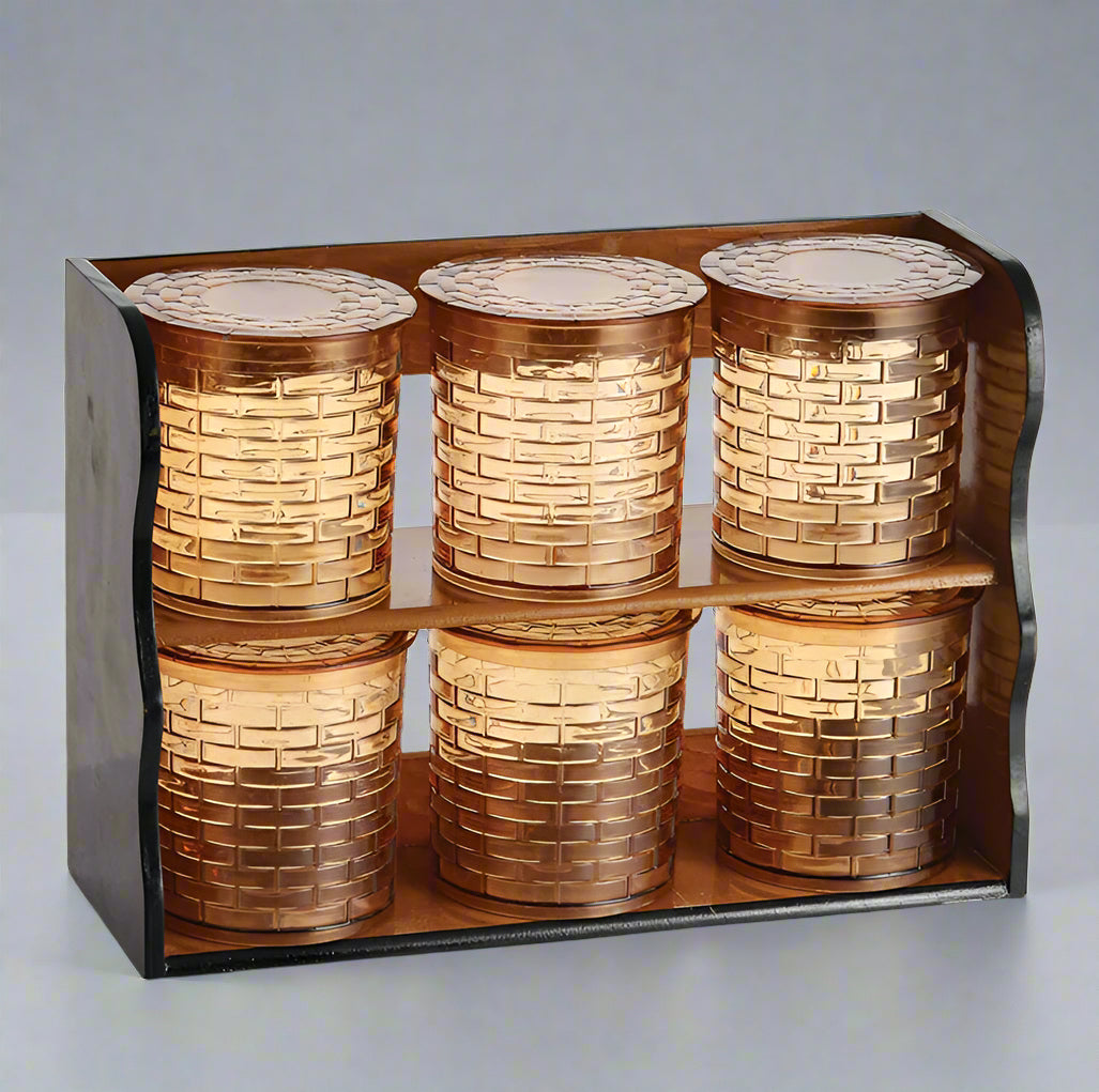 6-Piece Spice Jar Set with Wooden Rack – Airtight Kitchen Storage Containers | Plastic Masala Box for Spices, Tea, Sugar, Coffee – Copper Finish Jars | HS Emporium |