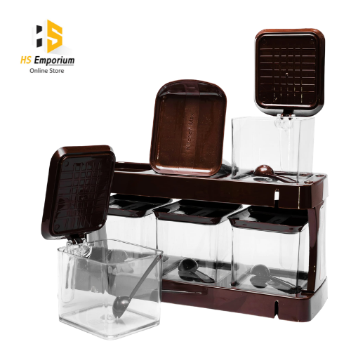 6 Pcs Spice Jar Set with Rack | Transparent Acrylic Spice Container Set | Kitchen Masala Organizer | Seasoning Storage Jars with Spoon | Countertop Spice Rack