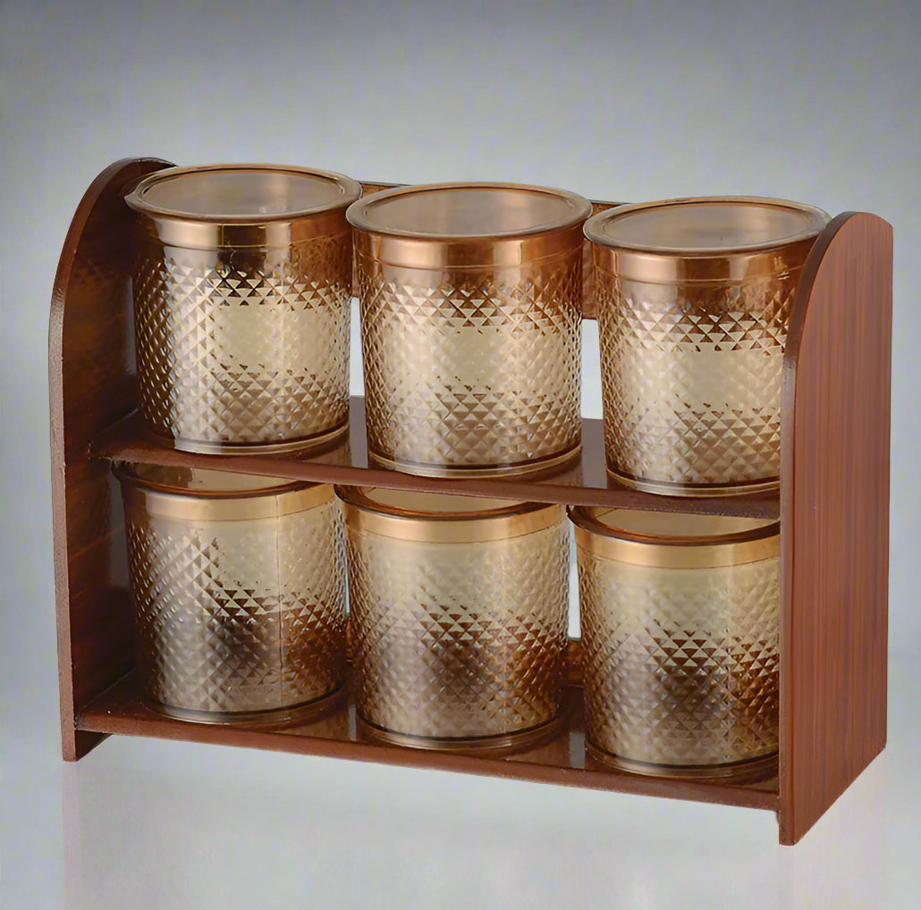 6-Piece Spice Jar Set with Wooden Rack – Airtight Kitchen Storage Containers | Plastic Masala Box for Spices, Tea, Sugar, Coffee – Copper Finish Jars | HS Emporium |