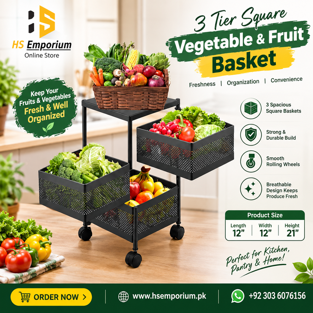 3 Tier Square Vegetable & Fruit Organizer Basket 360-Degree Rotating Moveable Rack for Kitchen Storage Baskets