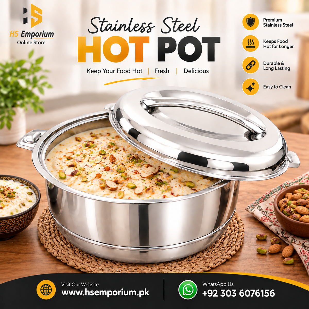 Stainless Steel Hot Pot 4 Pcs Set β Premium Food Warmer | Keeps Food Hot & Fresh for Hours | HS Emporium |