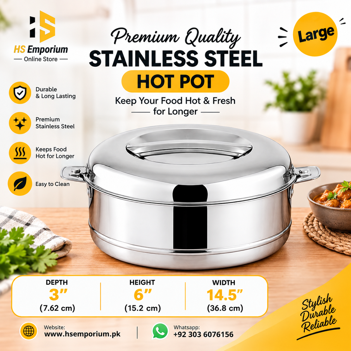 Stainless Steel Hot Pot 4 Pcs Set β Premium Food Warmer | Keeps Food Hot & Fresh for Hours | HS Emporium |