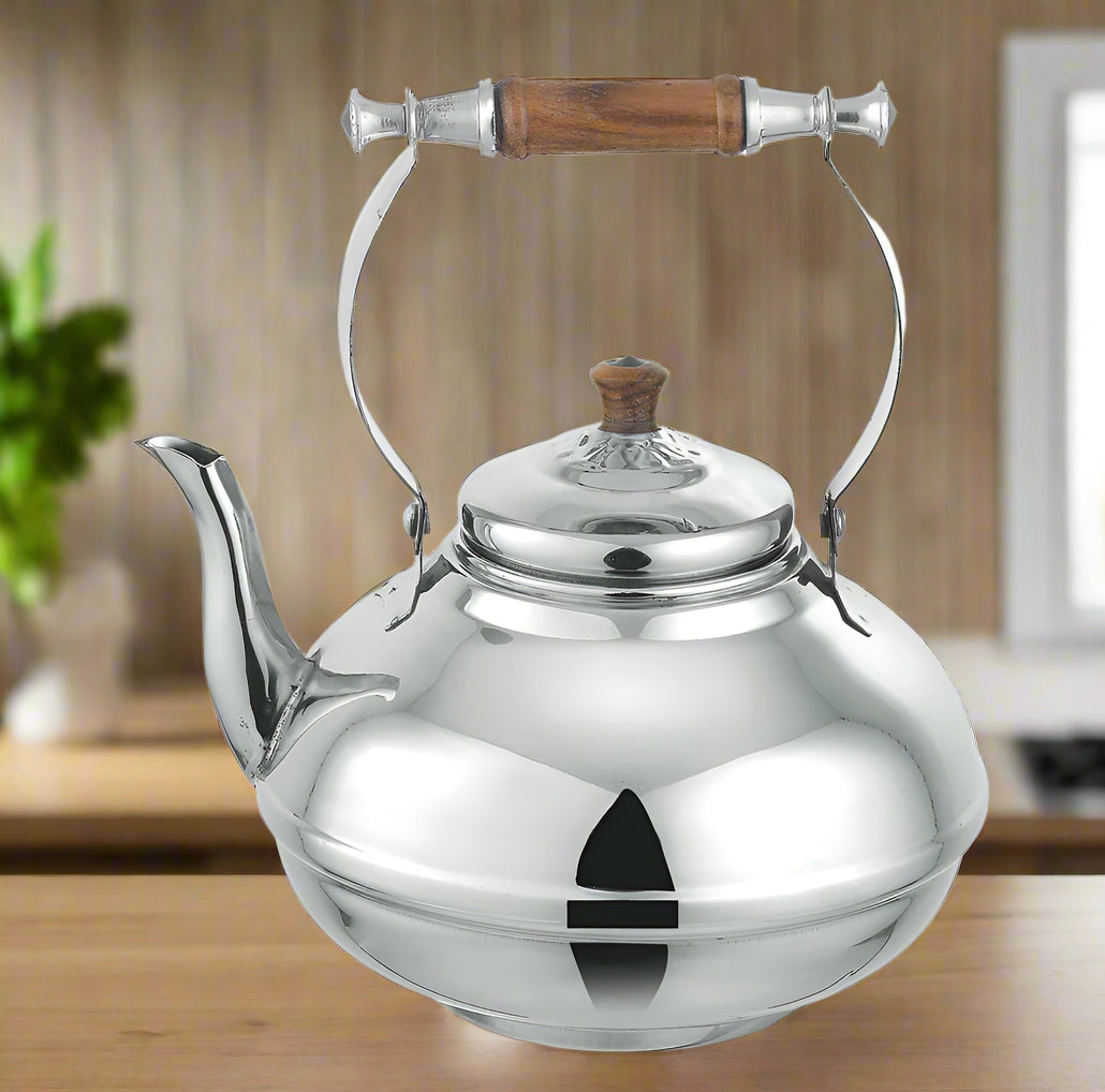 Stainless Steel Tea Kettle - 2.5L - Pipe, Nagina & Wooden Handle – Mirror Steel Finish | HS Emporium |