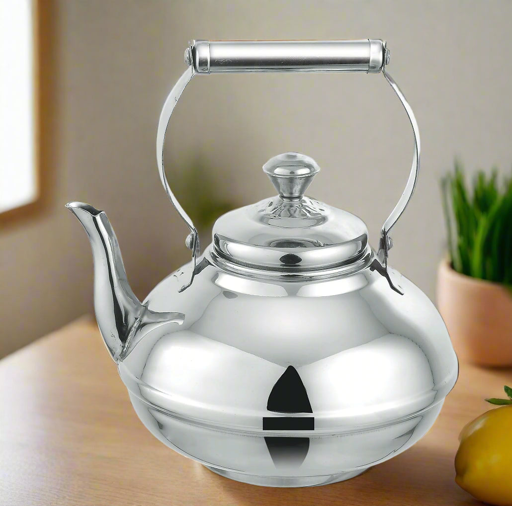 Silver teapot with a lid on a white background, featuring the HS Emporium logo.