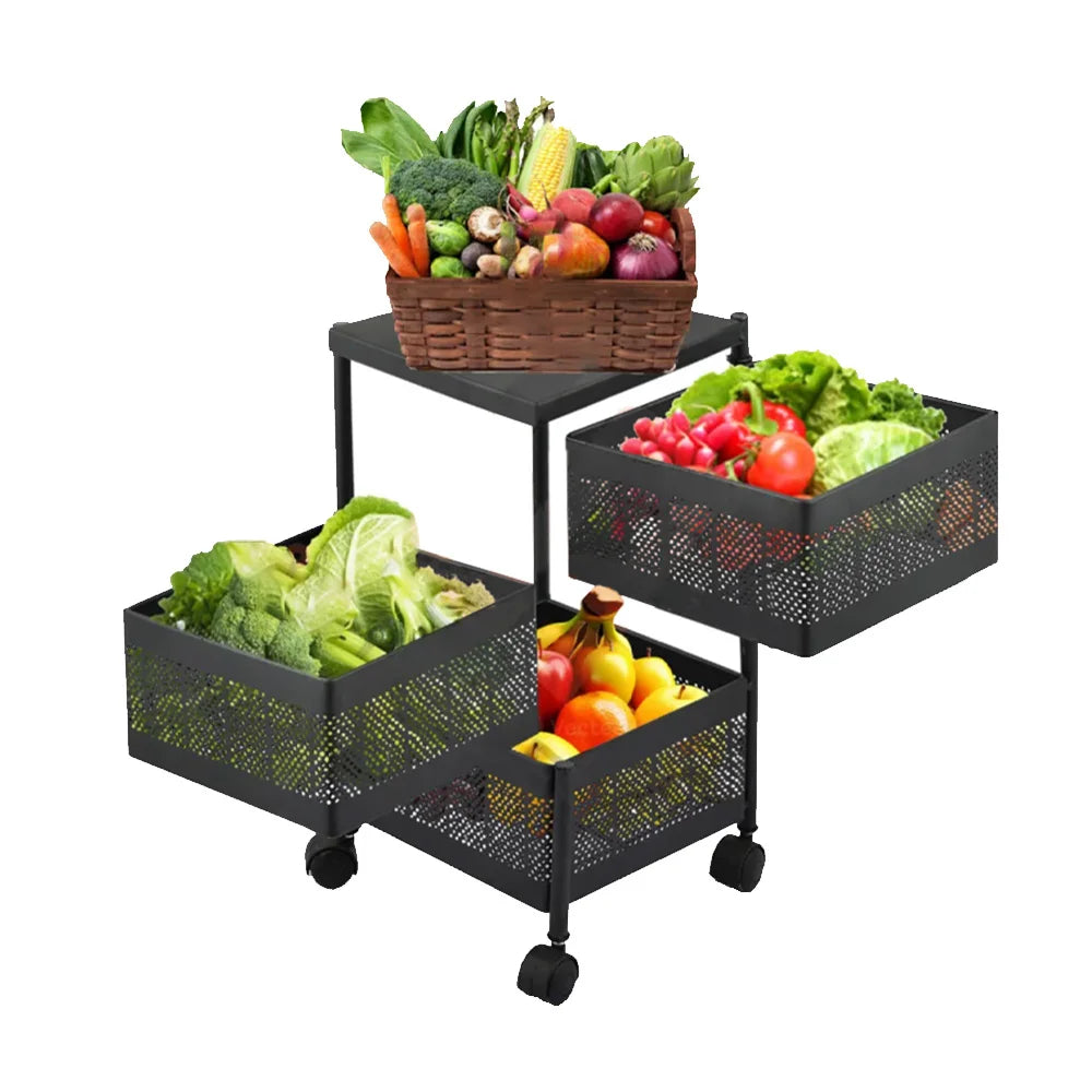 3 Tier Square Vegetable & Fruit Organizer Basket 360-Degree Rotating Moveable Rack for Kitchen Storage Baskets