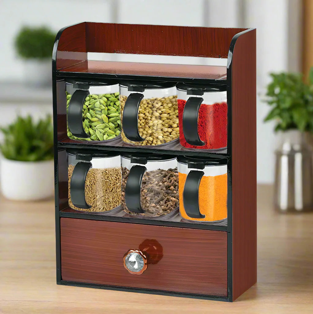 Wooden Spice Rack with 6 Crystal Plastic Jars and 1 Storage Boxe