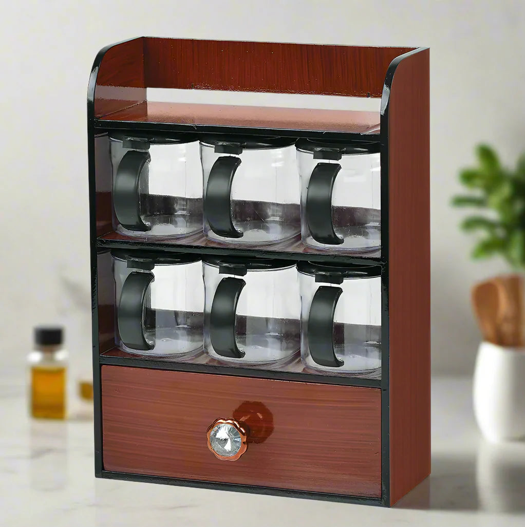 Wooden Spice Rack with 6 Crystal Plastic Jars and 1 Storage Boxe