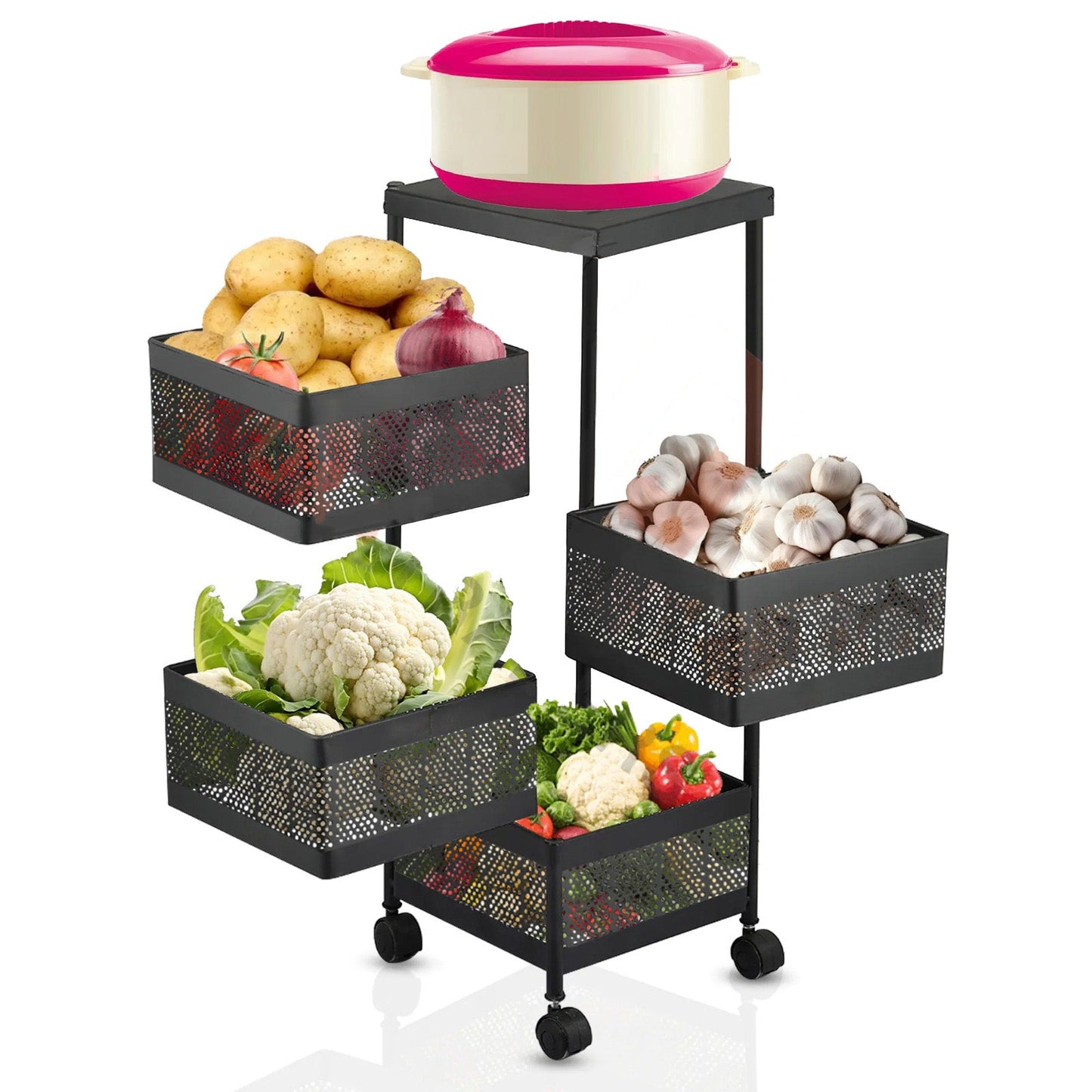 4 Tier Square Vegetable & Fruit Organizer Basket 360-Degree Rotating Moveable Rack for Kitchen Storage Baskets
