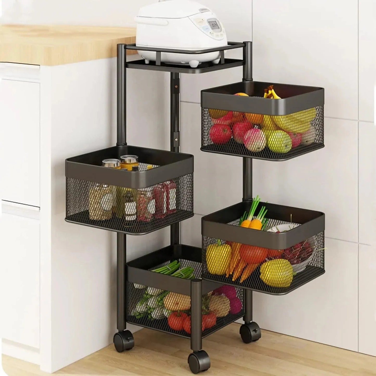 4 Tier Square Vegetable & Fruit Organizer Basket 360-Degree Rotating Moveable Rack for Kitchen Storage Baskets