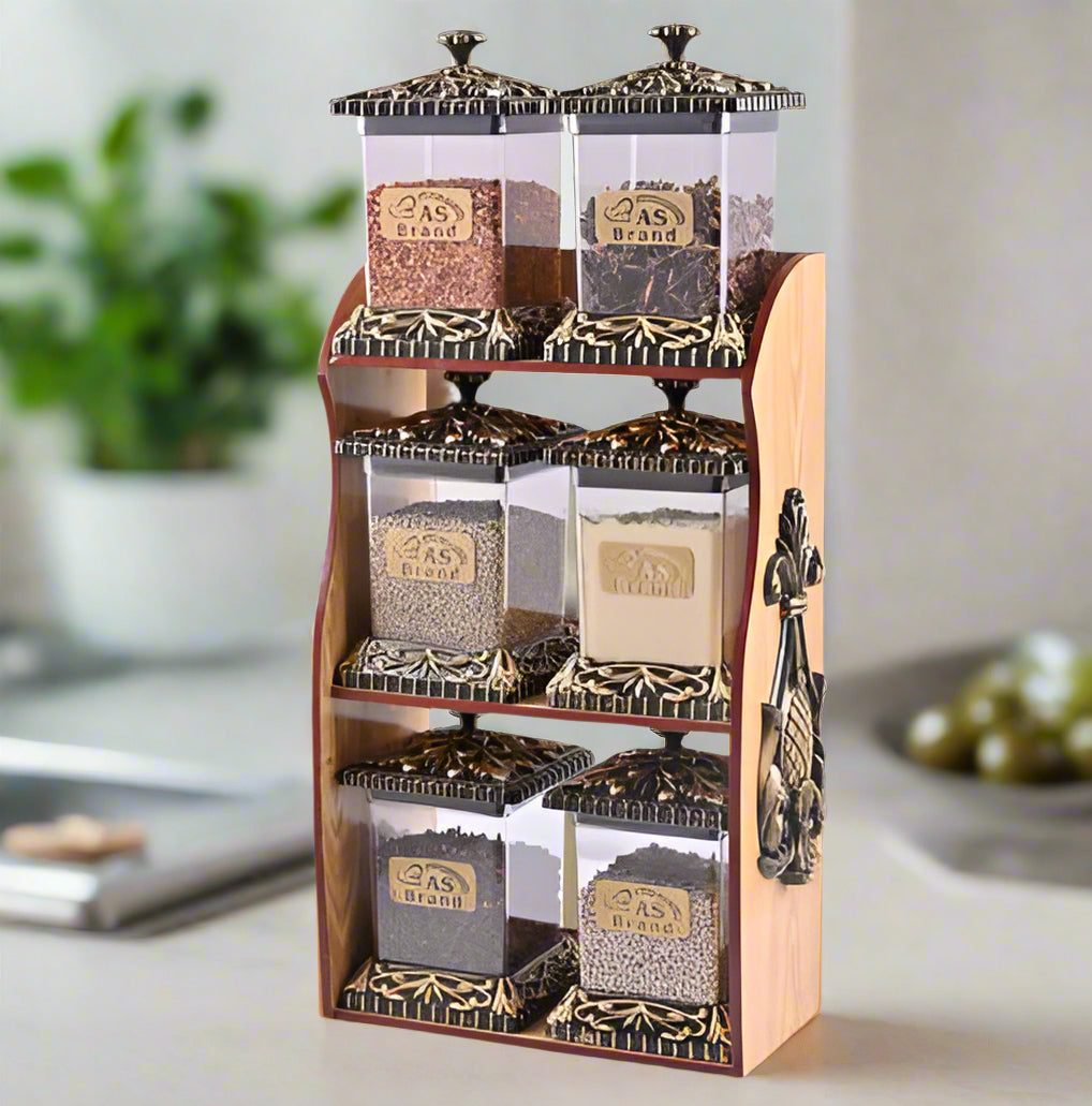 6-Piece Crystal Spice Jar Set with Decorative Wooden Rack – Airtight Masala Box | Kitchen Storage Containers with Antique Gold Design | HS Emporium |