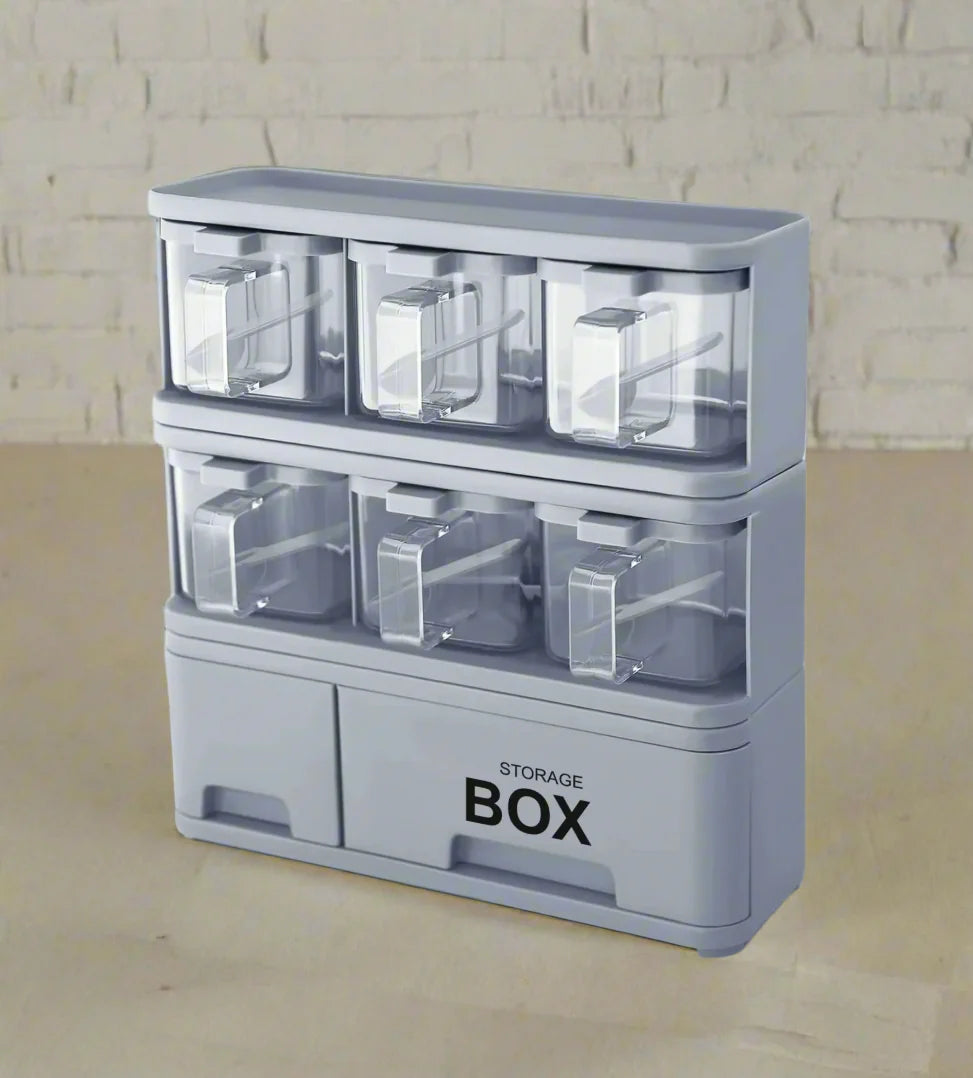 Plastic Spice Rack with 6 jars & 2 Storage Boxes