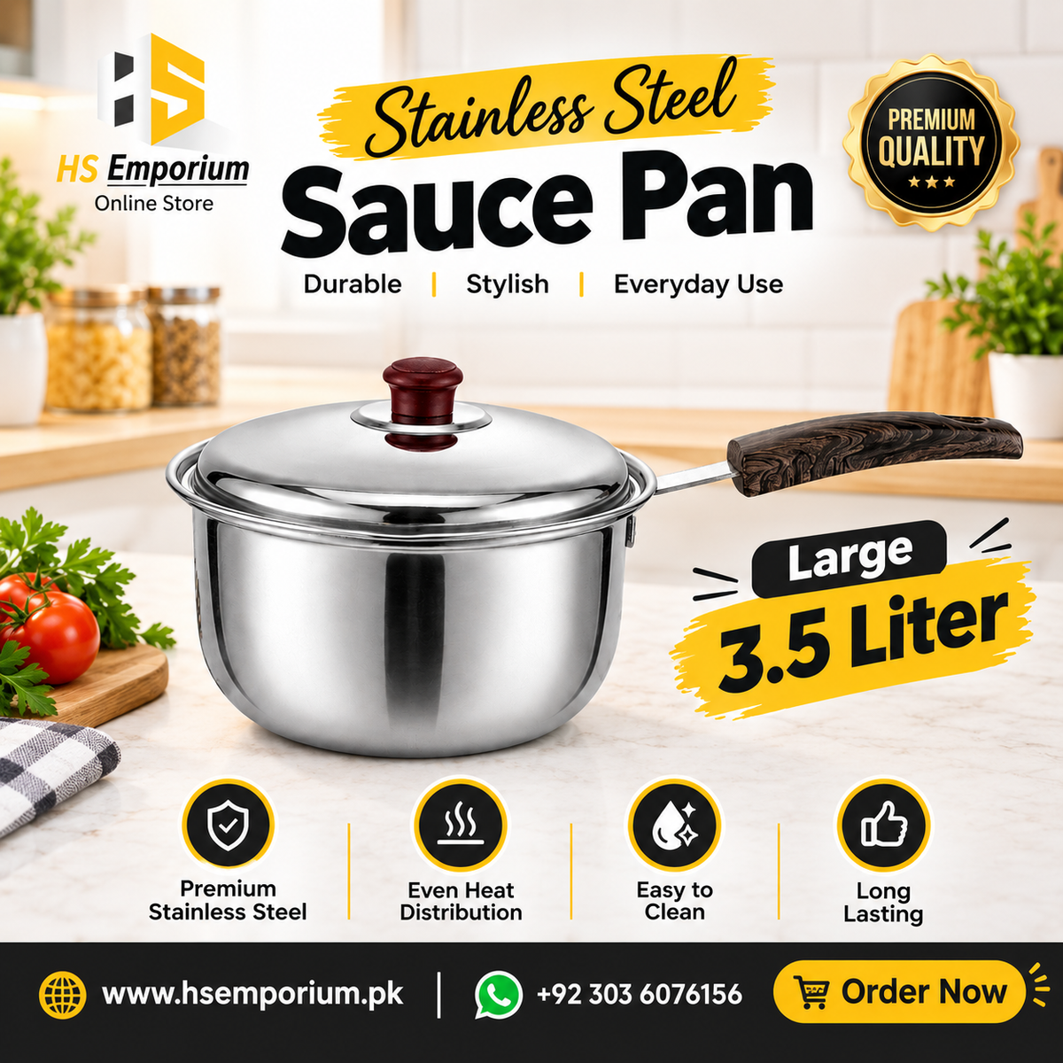 Stainless Steel Sauce Pan – Large 3.5 Liter | Premium Quality