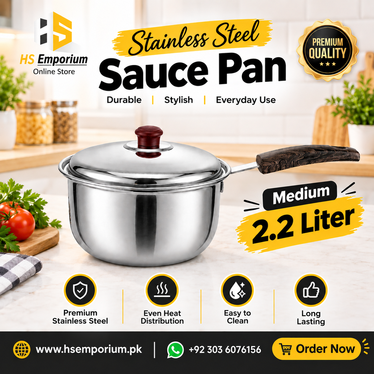 Stainless Steel Sauce Pan – Medium 2.2 Liter | Premium Quality