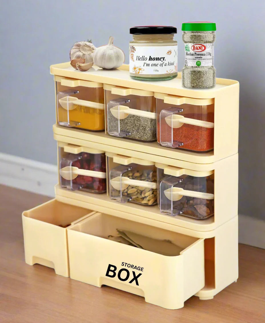 Plastic Spice Rack with 6 jars & 2 Storage Boxes