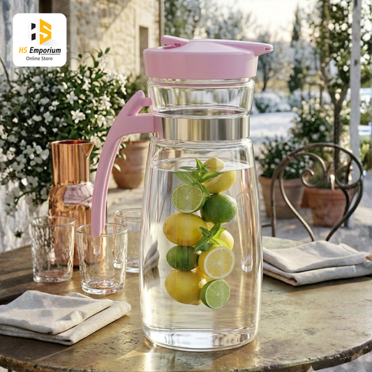 Glass Water Jug with Lid & Handle | Heat Resistant Glass Juice Pitcher | Premium Beverage Carafe for Water, Juice, Lemonade & Iced Tea