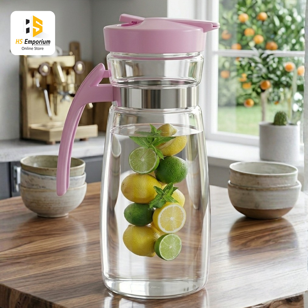 Glass Water Jug with Lid & Handle | Heat Resistant Glass Juice Pitcher | Premium Beverage Carafe for Water, Juice, Lemonade & Iced Tea