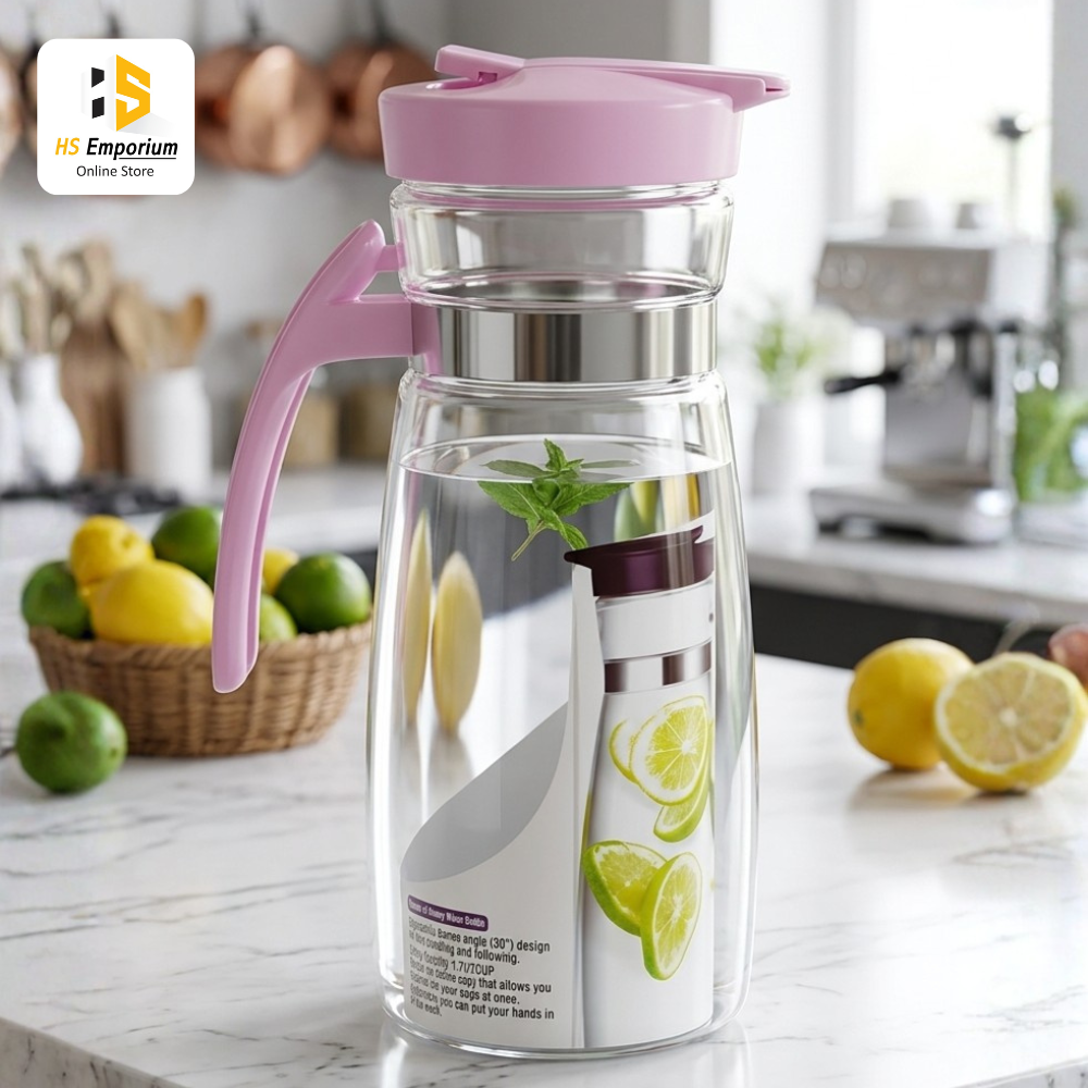 Glass Water Jug with Lid & Handle | Heat Resistant Glass Juice Pitcher | Premium Beverage Carafe for Water, Juice, Lemonade & Iced Tea