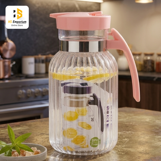 Premium BPA Free Plastic Water Jug with Lid & Handle | Ribbed Juice Pitcher | Large Capacity Fridge Water Jug for Juice, Lemonade & Cold Drinks