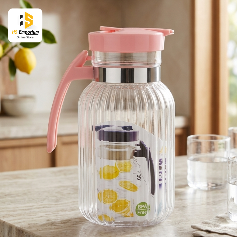 Premium BPA Free Plastic Water Jug with Lid & Handle | Ribbed Juice Pitcher | Large Capacity Fridge Water Jug for Juice, Lemonade & Cold Drinks