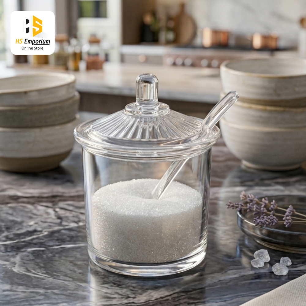 Transparent Acrylic Sugar Pot with Lid & Spoon | Clear Sugar Container | Spice Jar | Condiment Storage Jar | Kitchen Seasoning Box | BPA Free