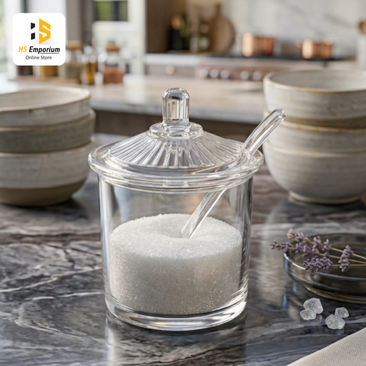 Transparent Acrylic Sugar Pot with Lid & Spoon | Clear Sugar Container | Spice Jar | Condiment Storage Jar | Kitchen Seasoning Box | BPA Free