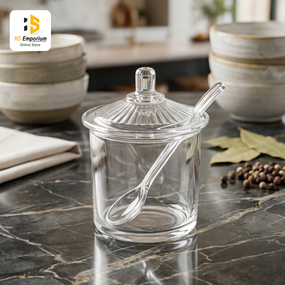 Transparent Acrylic Sugar Pot with Lid & Spoon | Clear Sugar Container | Spice Jar | Condiment Storage Jar | Kitchen Seasoning Box | BPA Free