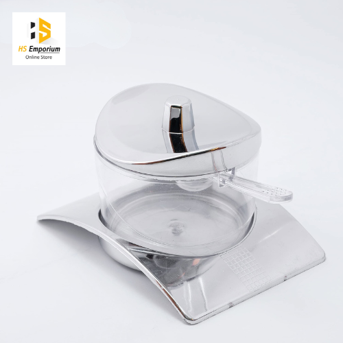Acrylic Sugar Pot with Spoon & Stand | Transparent Sugar Container | Sugar Bowl with Lid | Kitchen Sugar Storage Jar | Tea Coffee Sugar Holder