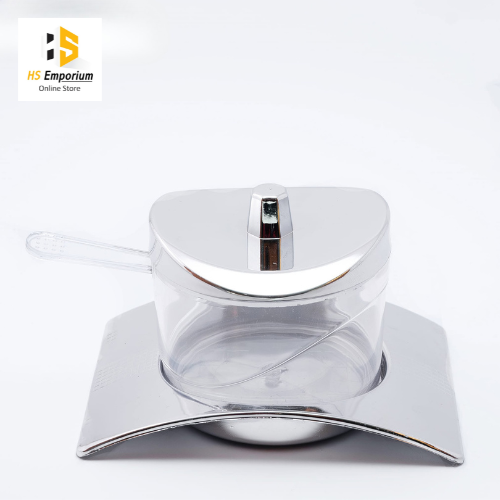 Acrylic Sugar Pot with Spoon & Stand | Transparent Sugar Container | Sugar Bowl with Lid | Kitchen Sugar Storage Jar | Tea Coffee Sugar Holder