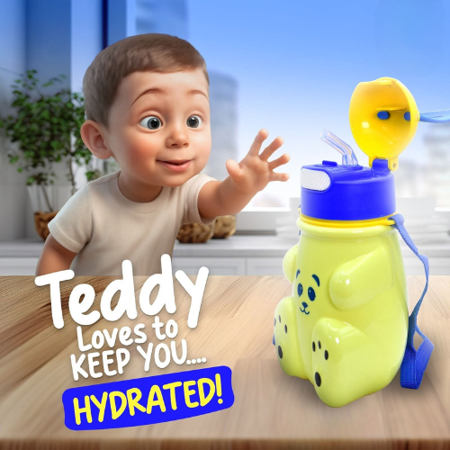 Kids Bear Water Bottle with Straw | BPA Free Leakproof Plastic Water Bottle | Cute Cartoon School Water Bottle with Carry Strap | Portable Drinking Bottle for Boys & Girls