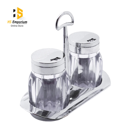 2 Pcs Salt & Pepper Shaker Set with Stand | Transparent Spice Shakers | Kitchen Seasoning Container | Salt & Black Pepper Dispenser | Dining Table Spice Set | Ghar Bazaar