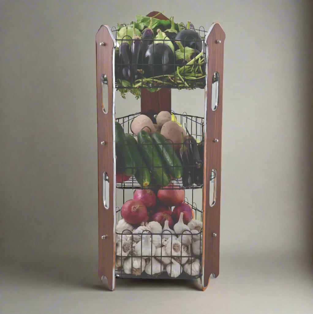 3 Tier Fruit Basket | Premium Laminated Wood Board With Matte Black Wire