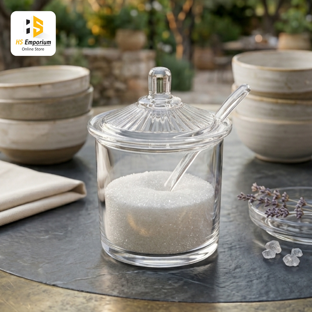 Transparent Acrylic Sugar Pot with Lid & Spoon | Clear Sugar Container | Spice Jar | Condiment Storage Jar | Kitchen Seasoning Box | BPA Free