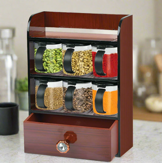 Wooden Spice Rack with 6 Crystal Plastic Jars and 1 Storage Boxe