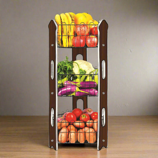 3 Tier Fruit Basket | Premium Laminated Wood Board With Matte Black Wire