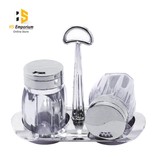 2 Pcs Salt & Pepper Shaker Set with Stand | Transparent Spice Shakers | Kitchen Seasoning Container | Salt & Black Pepper Dispenser | Dining Table Spice Set | Ghar Bazaar