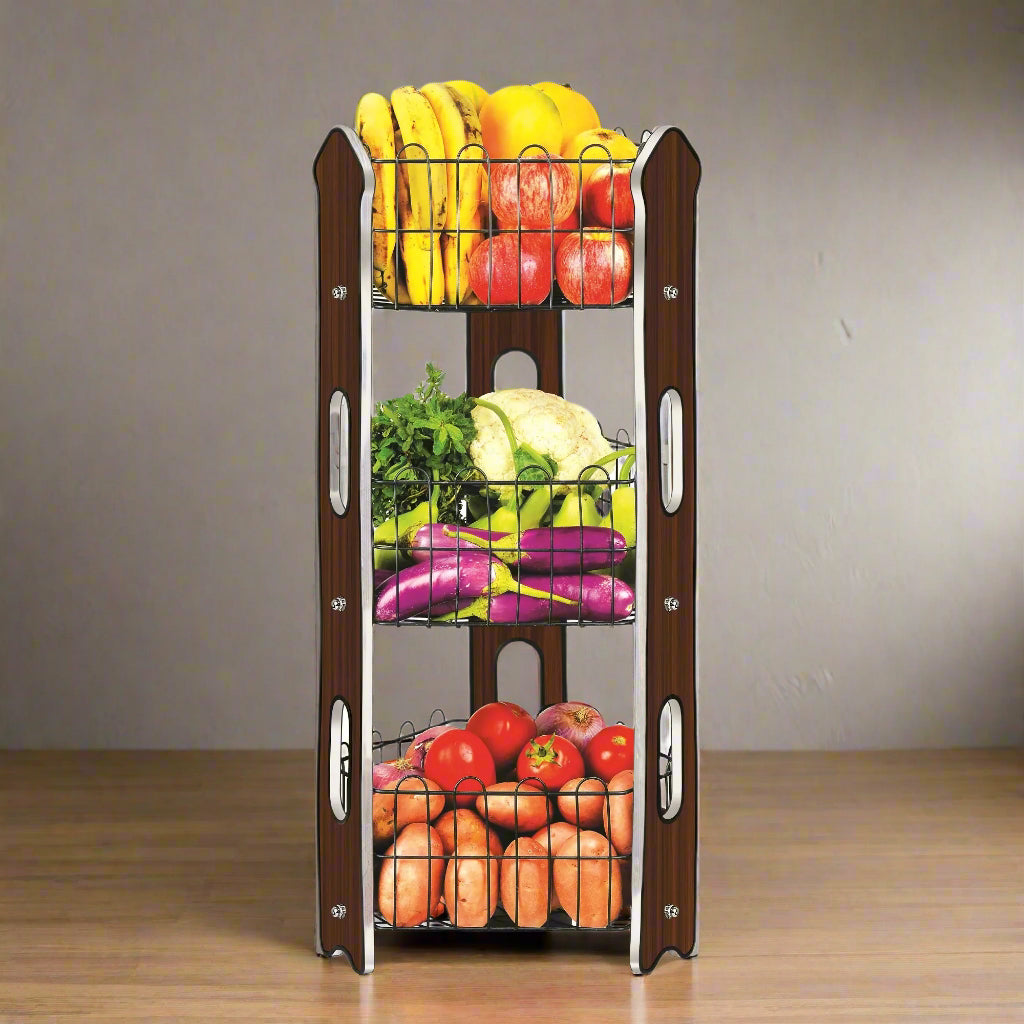 3 Tier Fruit Basket | Premium Laminated Wood Board With Matte Black Wire