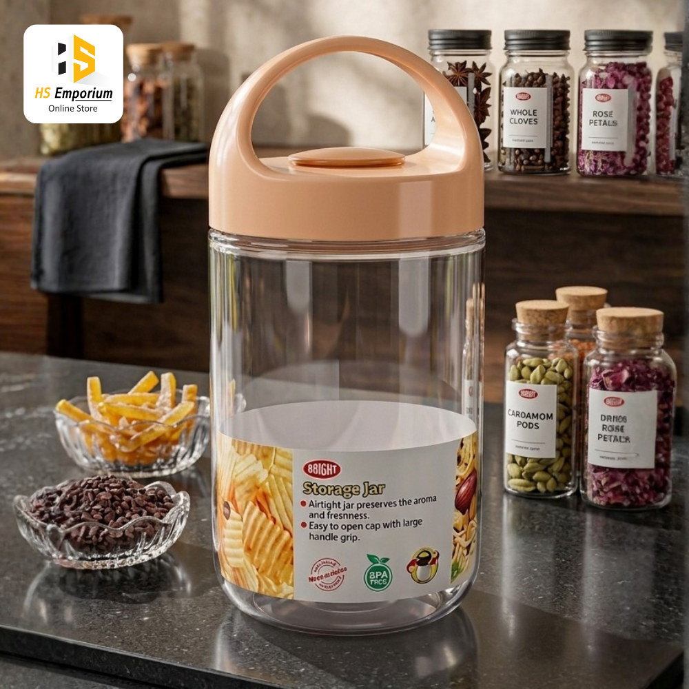 Airtight Storage Jar with Handle | BPA Free Kitchen Storage Container | Large Plastic Food Storage Jar for Snacks, Dry Fruits, Cereals & Pantry Organization