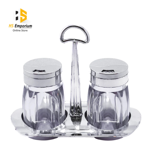 2 Pcs Salt & Pepper Shaker Set with Stand | Transparent Spice Shakers | Kitchen Seasoning Container | Salt & Black Pepper Dispenser | Dining Table Spice Set | Ghar Bazaar