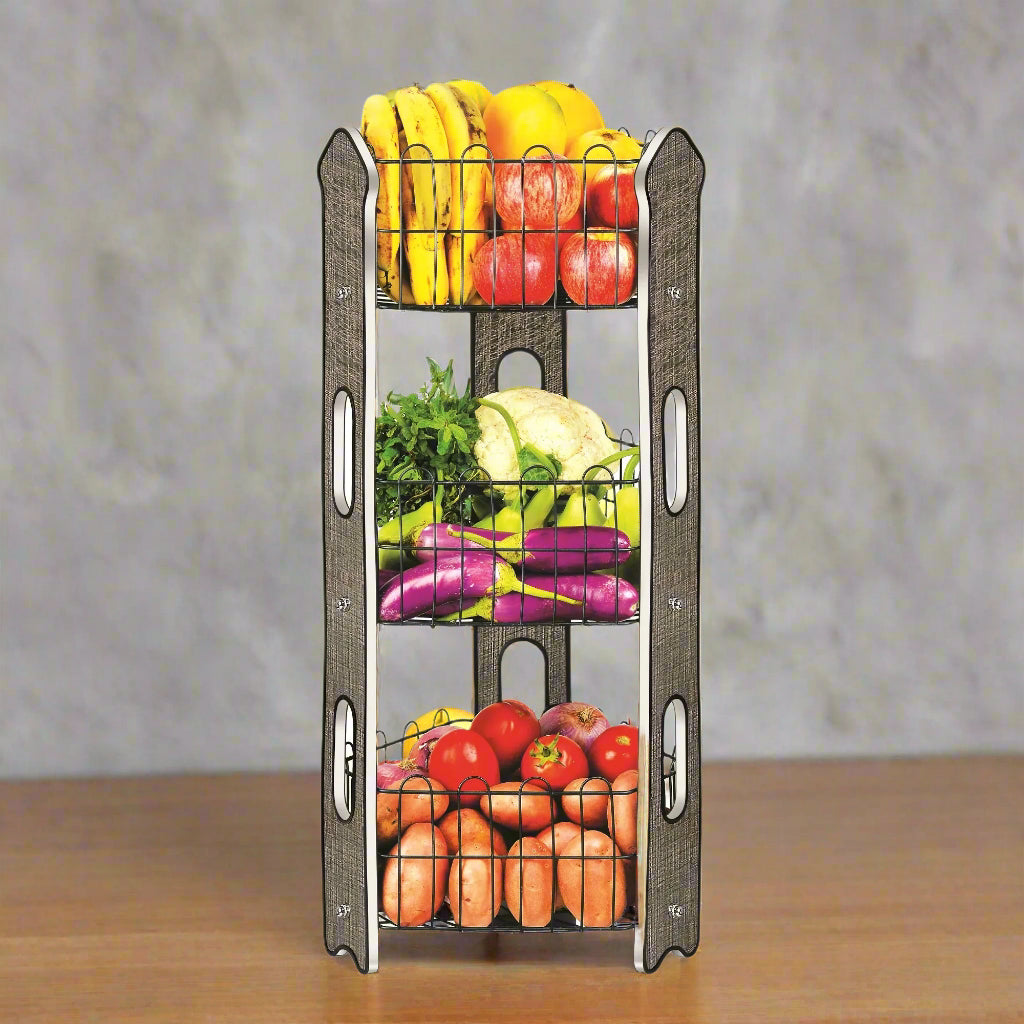 3 Tier Fruit Basket | Premium Laminated Wood Board With Matte Black Wire