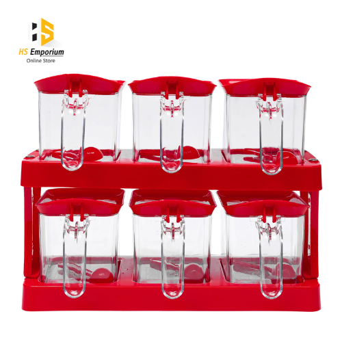 6 Pcs Spice Jar Set with Rack | Transparent Acrylic Spice Container Set | Kitchen Masala Organizer | Seasoning Storage Jars with Spoon | Countertop Spice Rack