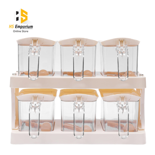 6 Pcs Spice Jar Set with Rack | Transparent Acrylic Spice Container Set | Kitchen Masala Organizer | Seasoning Storage Jars with Spoon | Countertop Spice Rack