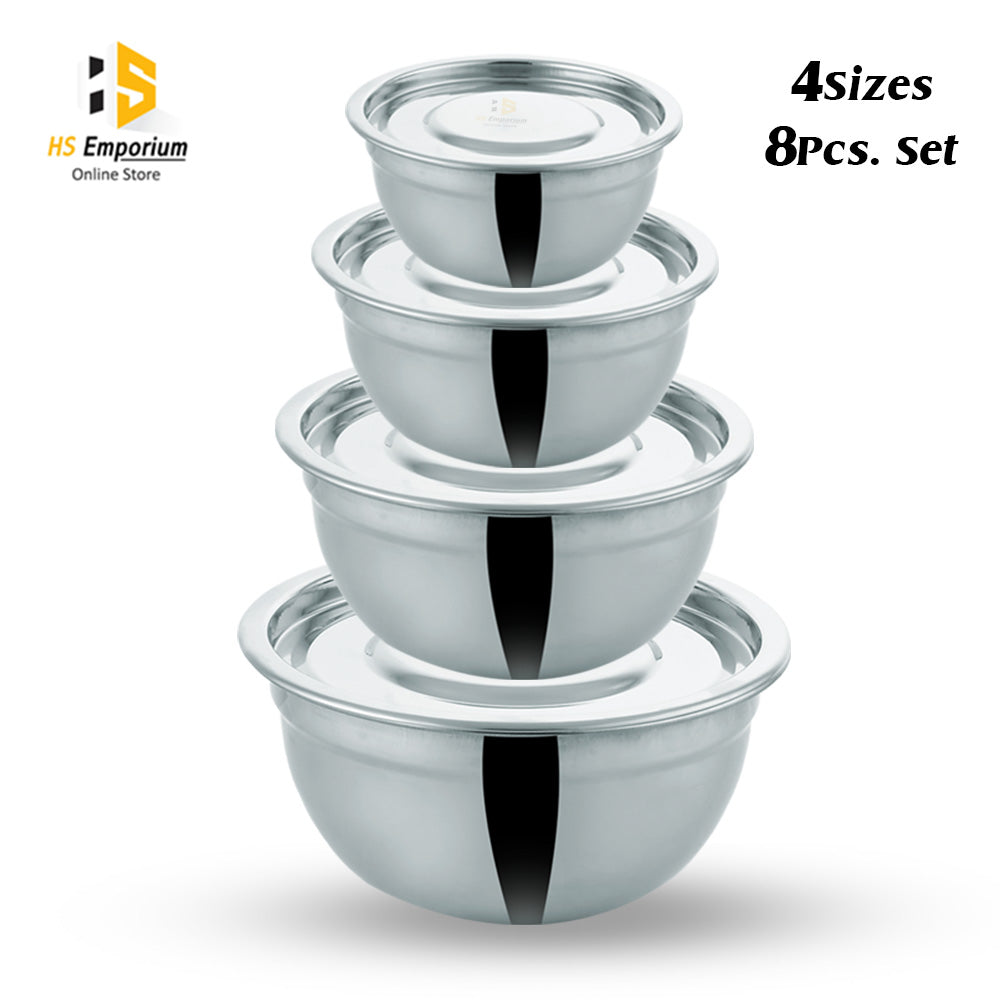 Stainless Steel Bowl 4 Size / 8 Pcs. Set with Lids – Premium Quality Mixing & Serving Bowls | HS Emporium |