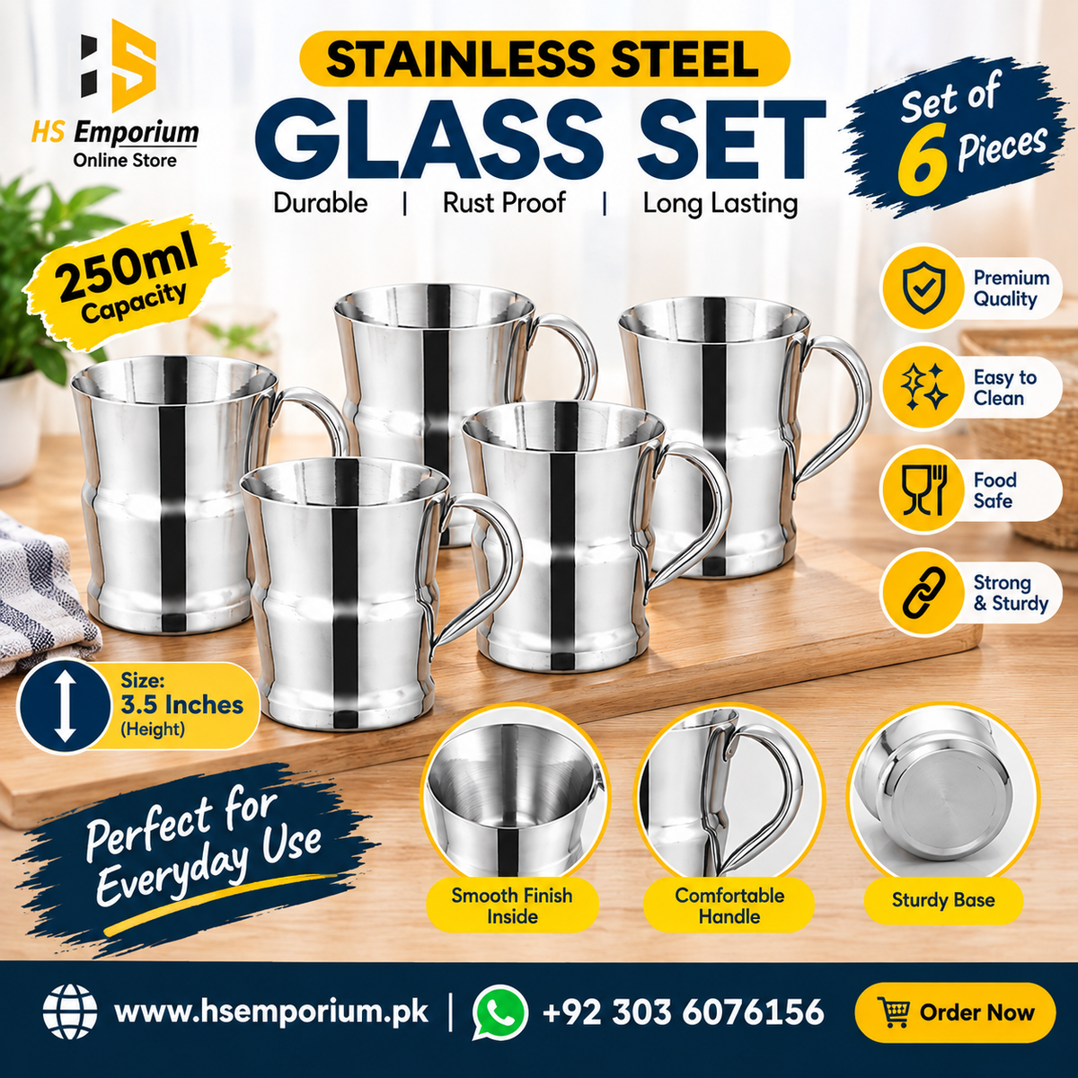 Stainless Steel Mug Pack of 6 Mug Set 250ml (Classic, Round & Curve) HS Emporium