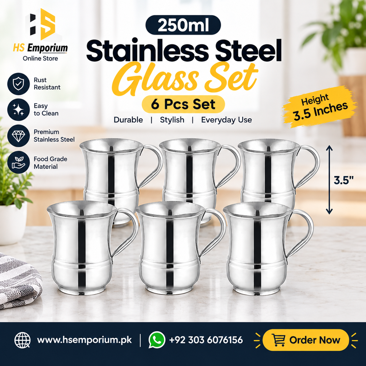 Stainless Steel Mug Pack of 6 Mug Set 250ml (Classic, Round & Curve) HS Emporium