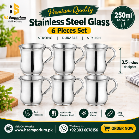 Stainless Steel Mug Pack of 6 Mug Set 250ml (Classic, Round & Curve) HS Emporium
