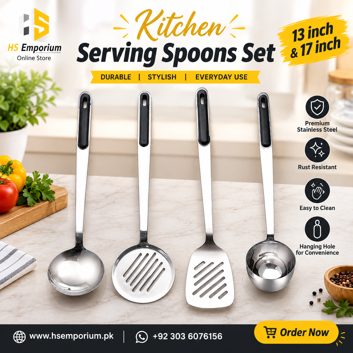Premium Stainless Steel Kitchen Utensil Set – 4 Pieces Cooking Spoon, Skimmer, Turner & Ladle, Size 13" & 17" Serving Spoons by HS Emporium